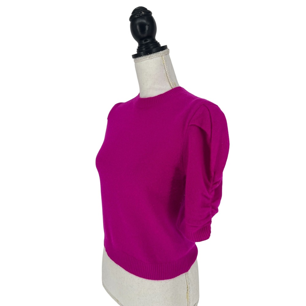 FRAME Frankie Ruched Sleeve Cashmere Sweater Magenta Puff Sleeve Knit XS - Picture 6 of 13